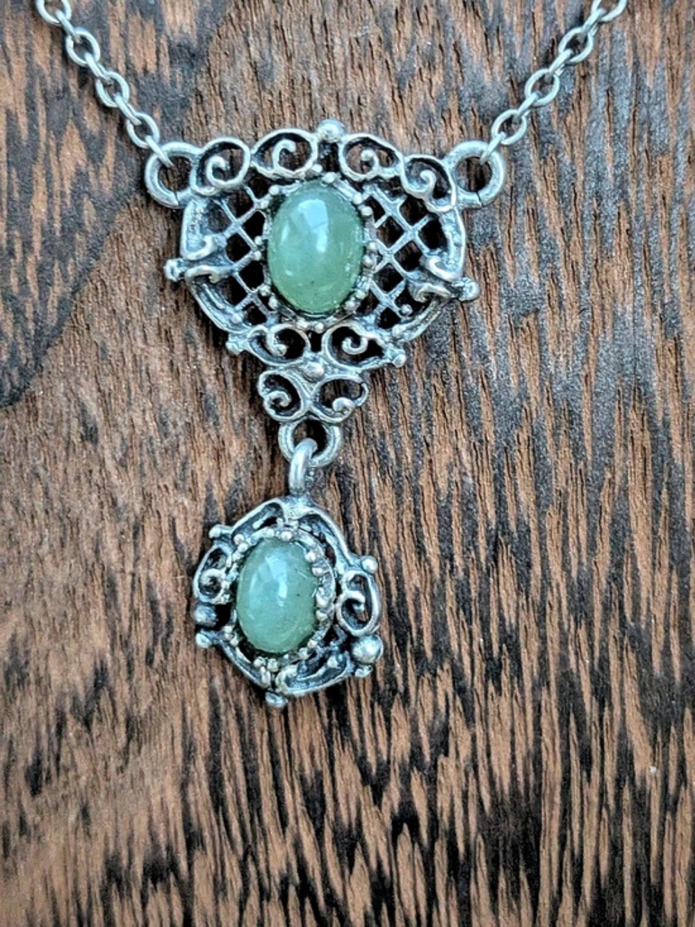 Vintage 835 Continental Silver Filigree Green Cabochon Pendant Necklace